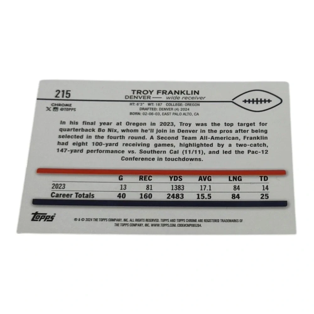 2024 Topps Chrome Troy Franklin Denver Broncos Rookie Card RC 215 NFL WR